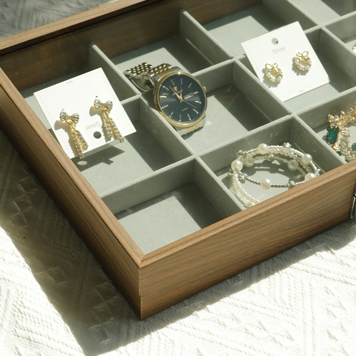 クルミ材木目調ジュエリーボックス、指輪、ネックレス、イヤリング収納オーガナイザーボックス、ブレスレット、ハンドチェーン、ジュエリー収納