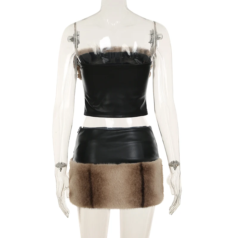 SUCHCUTE Gothic Faux Fur Splicing PU Leather 2 Piece Set Women Strapless Tube Top+Retro Mini Skirts Club Party Winter Warm Suit