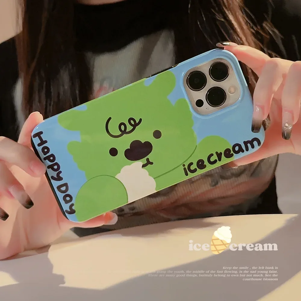 Retro Cute green puppy Qinglong ice cream art Phone Case For iPhone 15 14 13 12 11 Pro Max 14 15 Plus Case luxury cartoon Cover