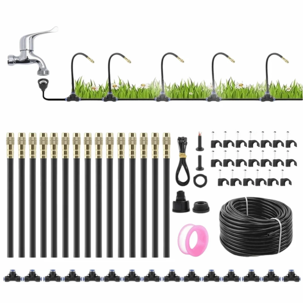 360° Adjustable Drip Irrigation System 15m Tube Automatic Watering Garden Watering Kit 15 Quick Plug Nozzle Push Fit Fittings