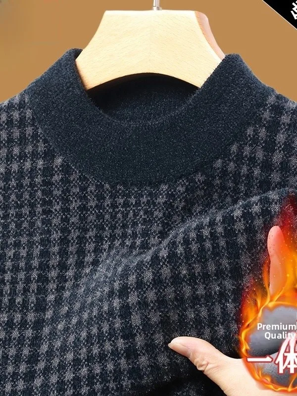 

Мужской утепленный вязаный свитер с высоким воротником на флисовой подкладке, осенне-зимний, теплый базовый слой, повседневный, свободного кроя