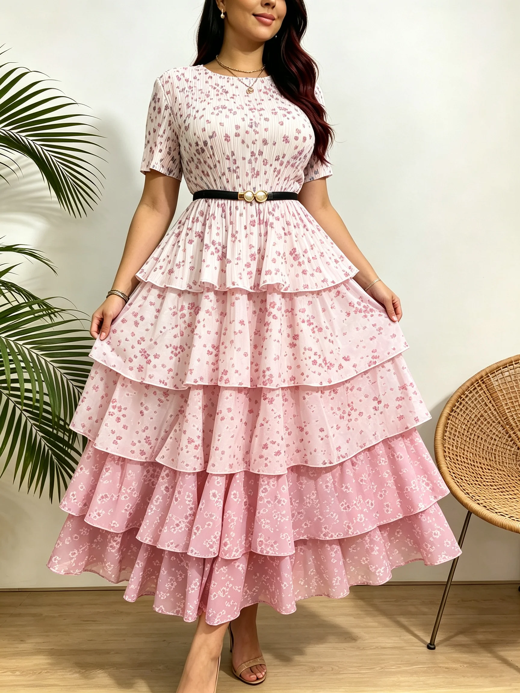 Women Floral Layered Maxi Dress Gradient Belted Short Sleeve Ruffle Cake Dress Elegant Evening Party Casual Long Dresses