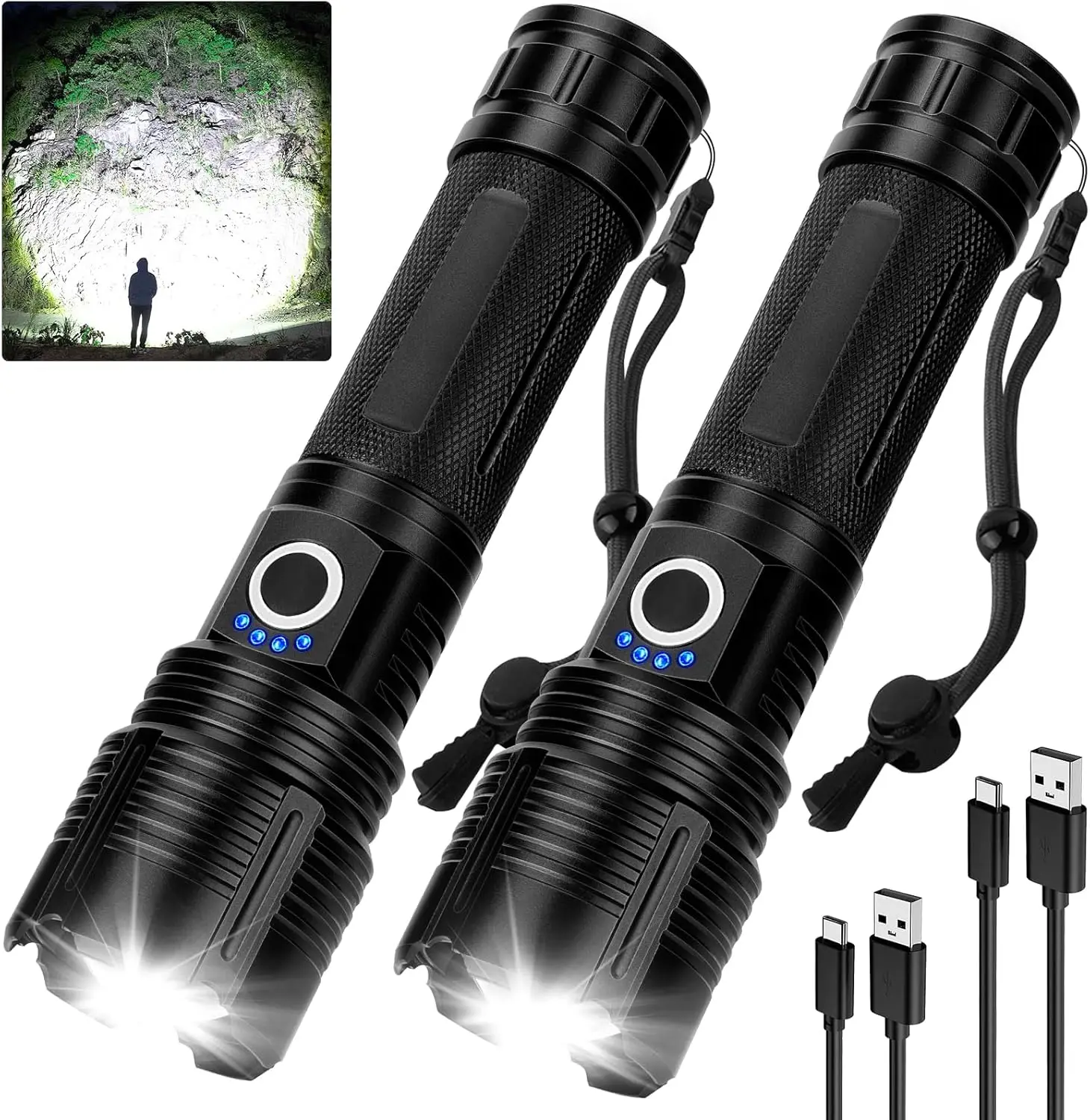99,000 Lumens Rechargeable LED Flashlight, Waterproof High Brightness Flash Light for Camping Hiking (2 Pack)