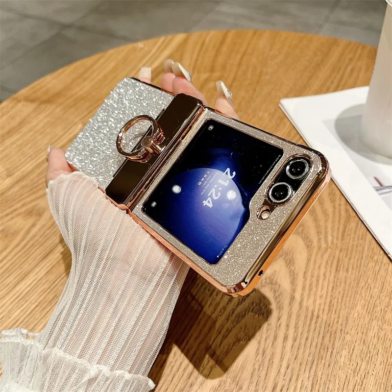 Phone Case For Samsung Galaxy Z Flip 3 4 5 6 5G Glitter Trim With Ring Electroplated Plastic Back Cover