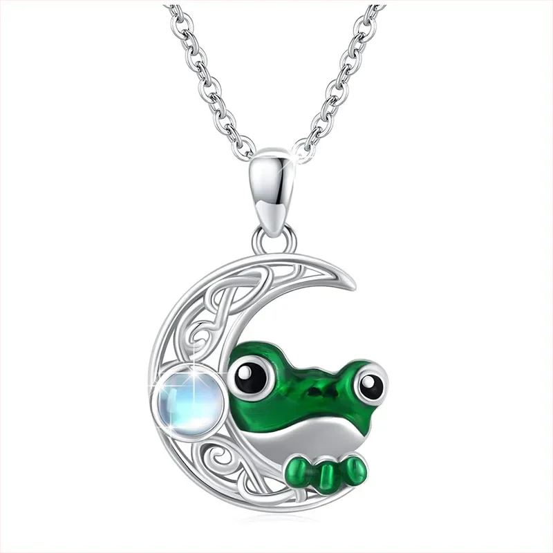 New Technology Fashion Cute Fairy Tale Exclusive Design Earrings Green Frog Hollowed Out Moonstone Embellished Animal Necklace