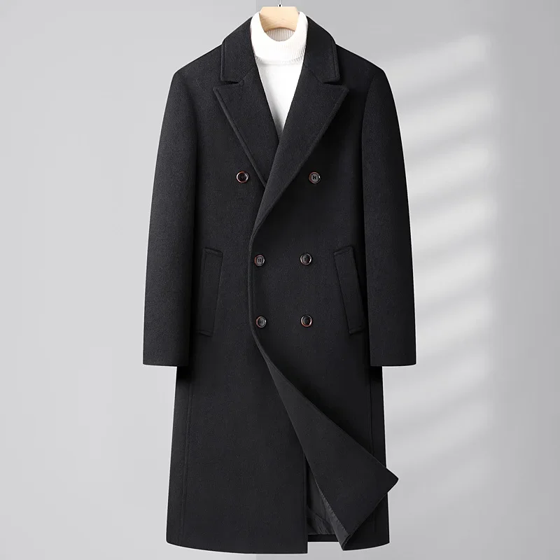 

Autumn And Winter New Woolen Over Knee Long Double Breasted Oblique Pocket Business Casual Wool Coat Men's
