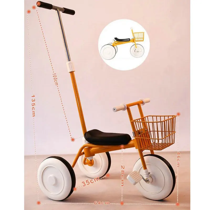 Triciclo infantil estilo simples com cesta e guarda-chuva, carro de passeio de bebê com roda de borracha, bicicleta infantil fofa com barra de pressão ajustável
