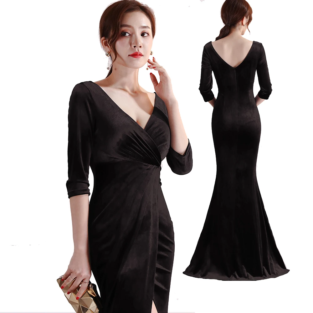 

New long-sleeved Velvet Evening Dress Ladies Sexy Noble Fishtail Dress Adult Fashion Slim Banquet Dresses Trumpet Mermaid Dress