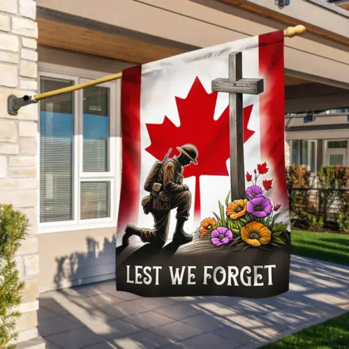 Canadian Veteran Kneeling Soldier Cross Lest We Forget Flag Garden Flag