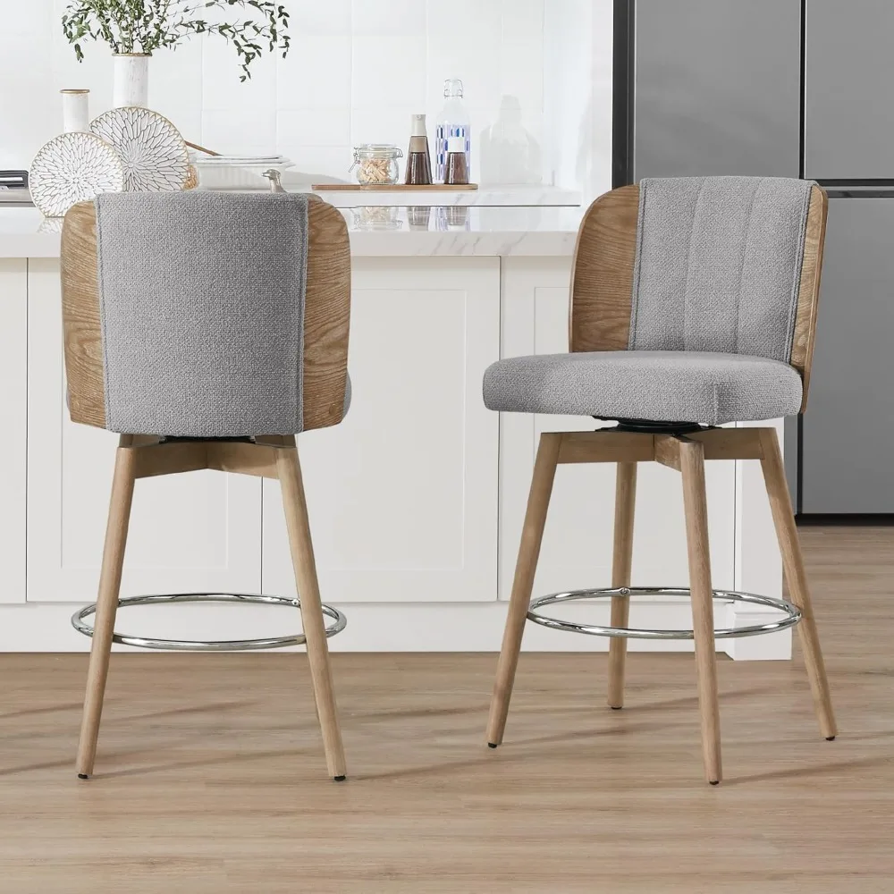 Counter Height Bar Stools Set of 2, 360° Swivel Upholstered Barstools with Back Wood Legs, 26" H Seat Height, Grey