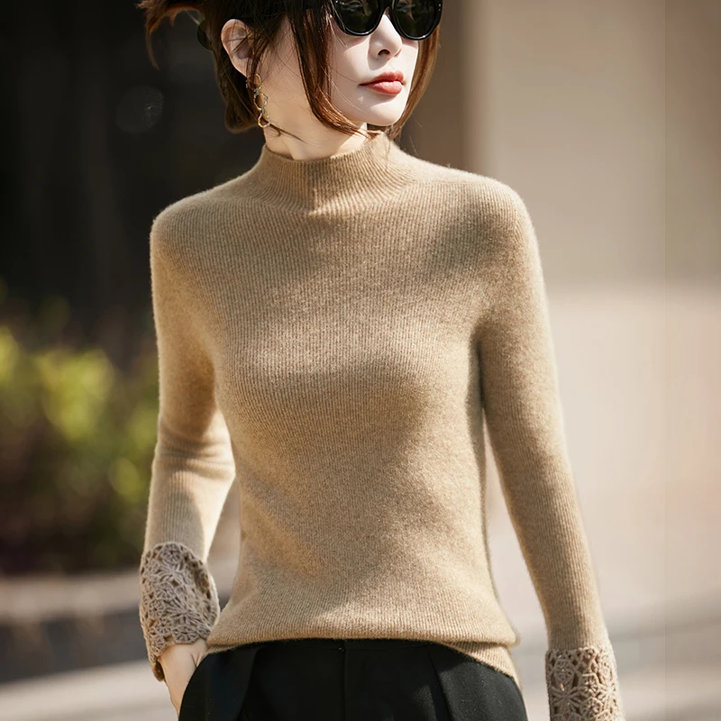 

Новый вязаный пуловер с длинными рукавами 25, женский свитер, облегающий сексуальный женский свитер с полувысоким воротником из 100% австралийской шерсти, однотонный цвет