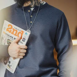Maden Vintage Navy Blue Waffle Henley Shirt for Men Long Sleeve Slim-fit T-shirts Spring Bottom Knit Sweater Crew Neck T Shirt