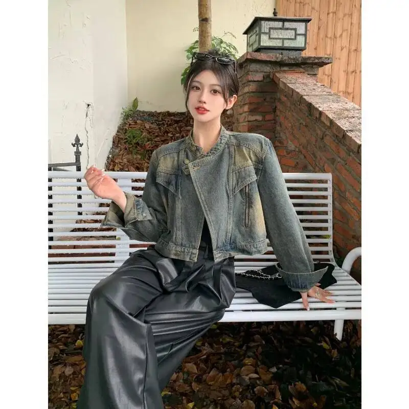 

Solid Color Cardigan Retro Denim Jacket Women's Hong Kong Style Stand Collar Top