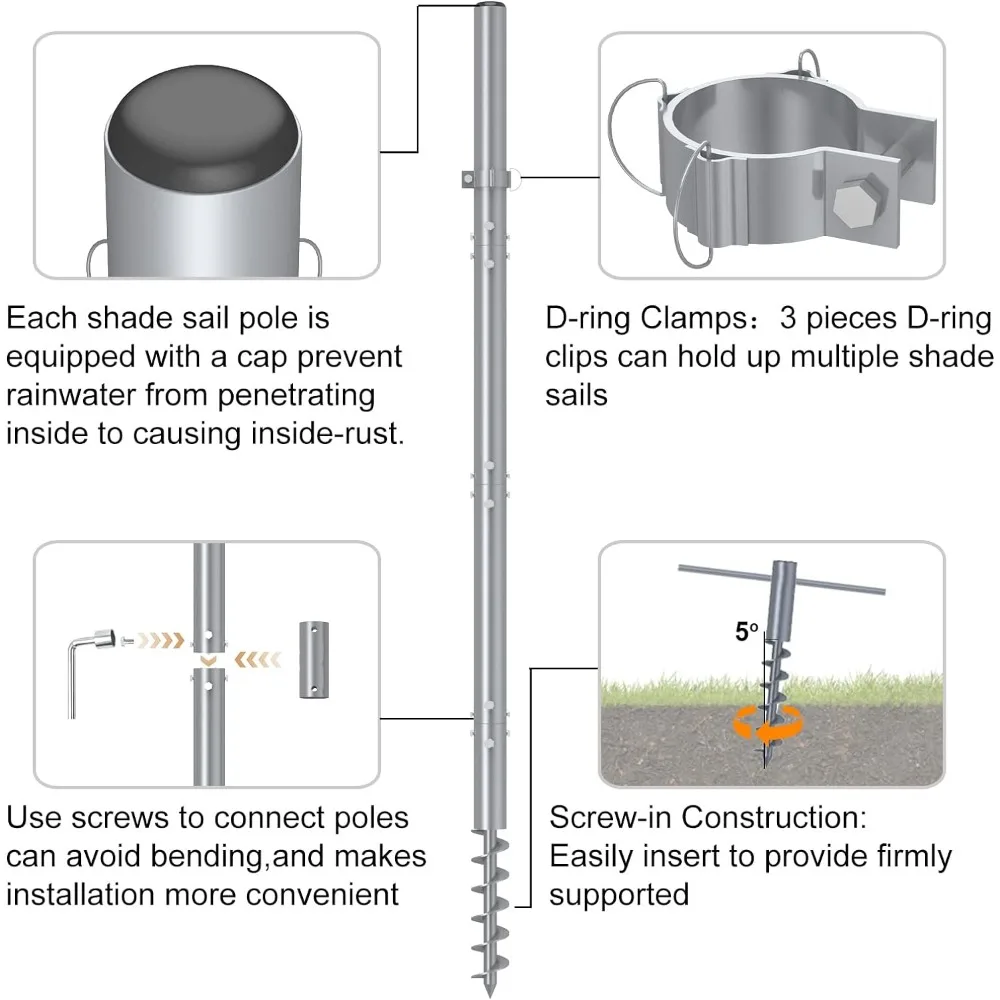 Imagem -02 - Sun Shade Sail Poles com D-clamps Toldos Shelter Silver Metal Pole Tarpaulin Encerado Pack