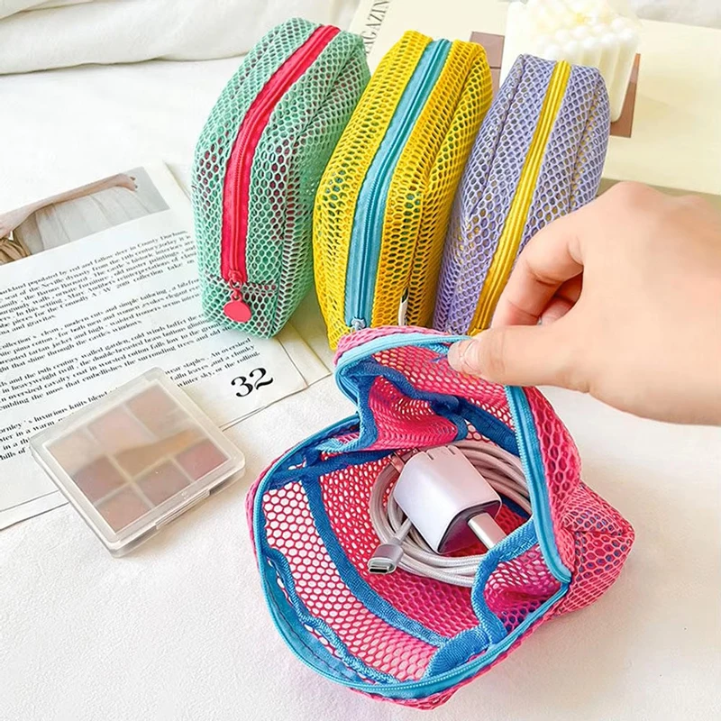 Dopamine Mesh Mini Pouch, Colorful Square Earphone Case, Portable Lipstick Cosmetic Bag, Breathable Toiletry Storage Organizer