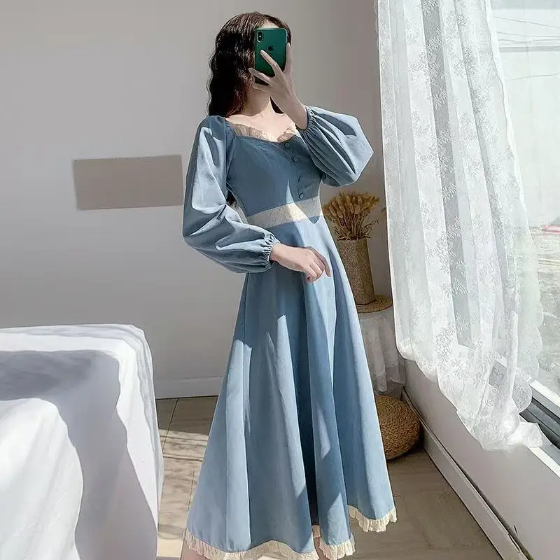 

Spring Women Vintage Autumn Lovely BF Empire Ladies A-Line Vestidos Blue Holiday Sweet New Lace Patchwork Long Puff Sleeve Dress