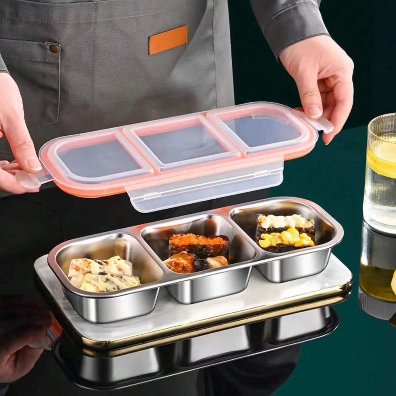Stainless Steel Light Food Mini Compartment Lunch Box for Weight Loss Meals, Special Diet-Controlled Small Bento Box, Microwaveable, Three Compartments, 600ml