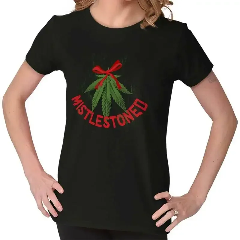

Mistletoned Mistletoe Stoned Funny Christmas Womens Top Junior Graphic Tee