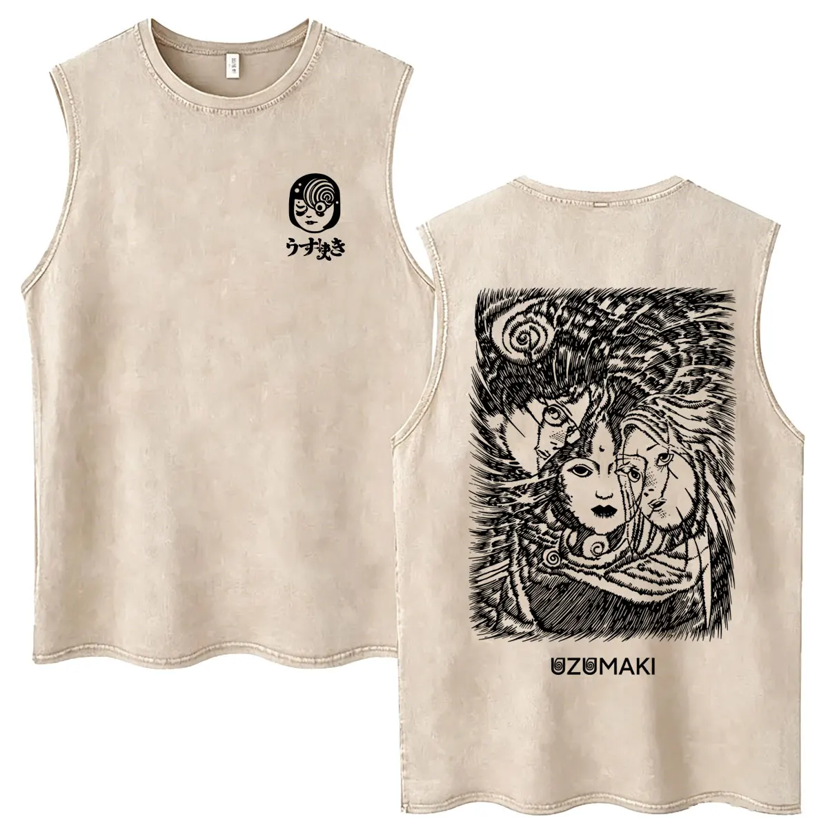 Anime Junji Ito Spirale Uzumaki Kirie Goshima Vintage Washed Tank Tops Men Women Horror Manga Oversized Sleeveless Vest T-shirts