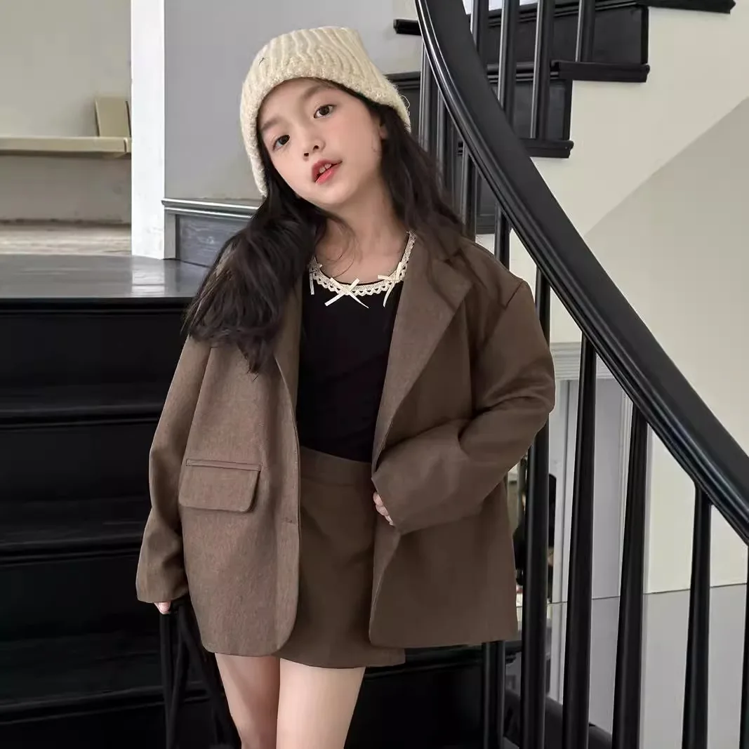 Childrens Sets Autumn Girl Easy Loose Coat Skirt Shorts Two Pieces Fashionable Suit Trend 2026 Simple Clothing Solid