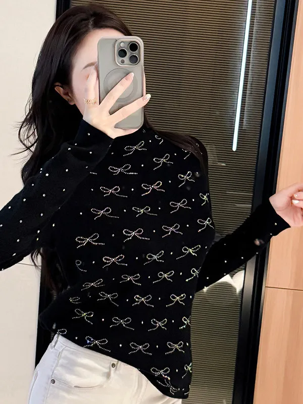Fall Winter New Style Women's Knitted High Collar Long Sleeve  Knot Drill Bottom Shirt Elegant Fashionable Top