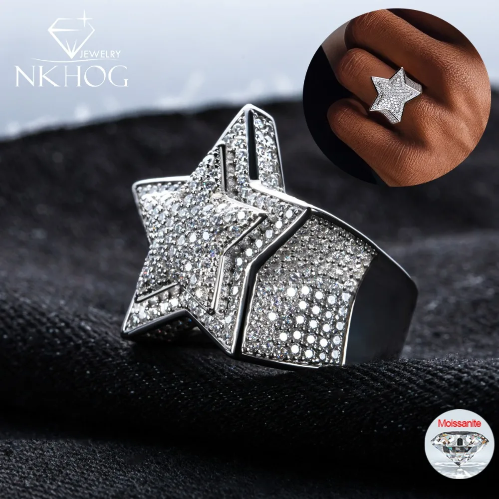 

NKHOG Full Moissanite Cuban Rings For Men Women 925 Sterling Silver Hip Hop Party Sparkling Diamond Band Jewelry GRA Certified
