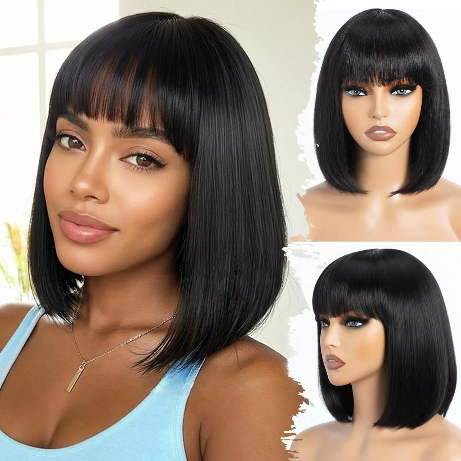 

Straight Bob Wig with Bangs Glueless Wigs Human Hair HD Lace Short Natural Black Bob Blunt Cut 180% Density 16 Inches For Women