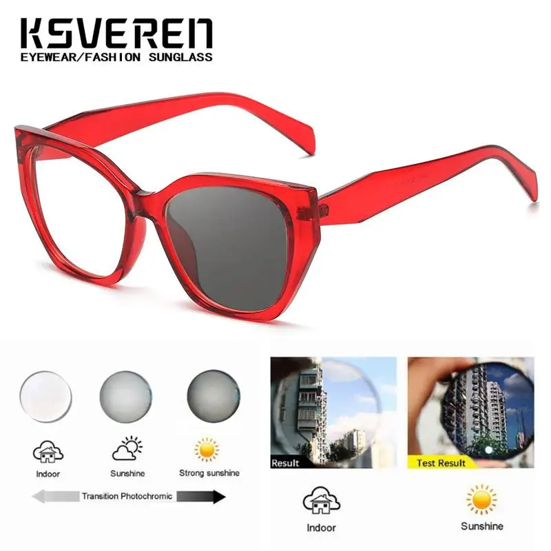 Blue Cat Eye Photochromic Myopia Glasses Women Color Changing Finished Prescription Eyewear Full Rim Retro Minus Diopters