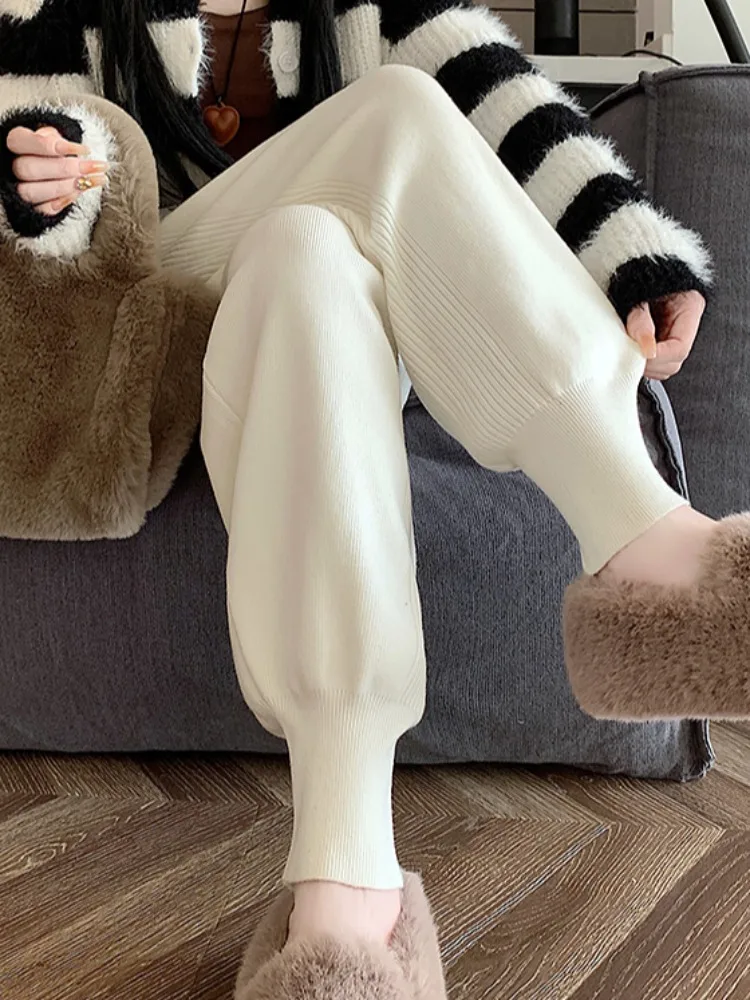 Pantaloni Harlan lavorati a maglia Thiened da donna a vita alta autunno inverno dolce Sle Bell Bot pantaloni casual in fibra di poliestere