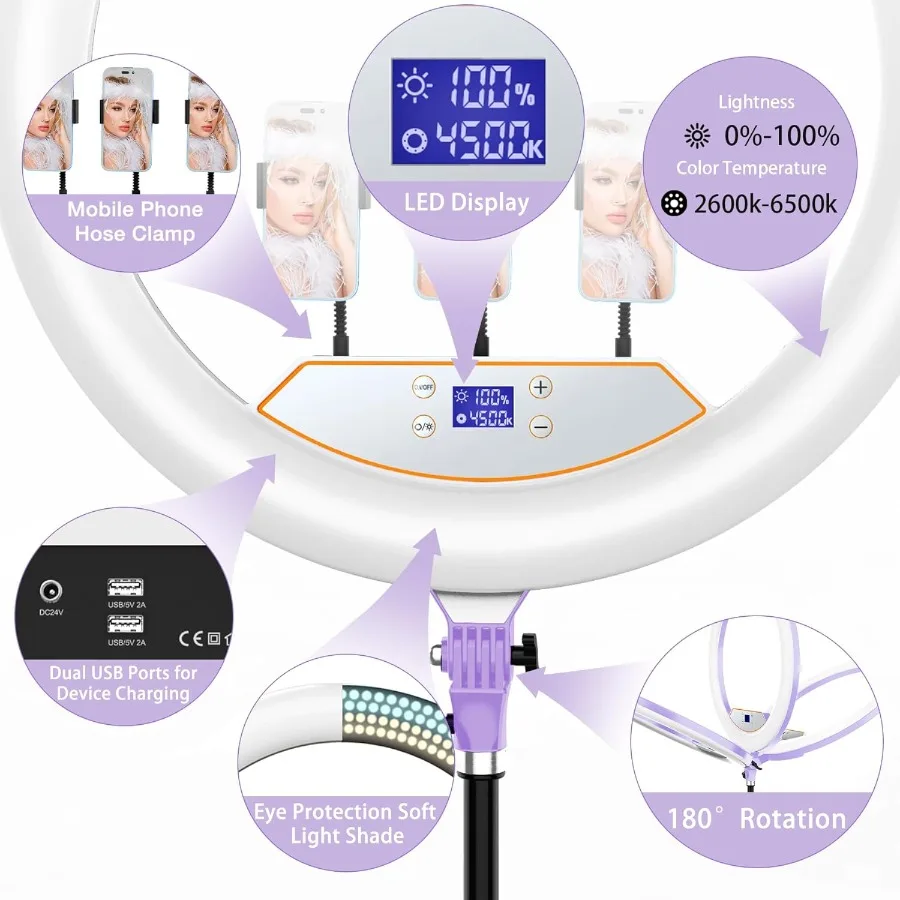 ไฟวงแหวน 22 นิ้ว พร้อมขาตั้งปรับระดับได้ และขาตั้งกล้อง 75 ซม. สำหรับ iPhone iPad พร้อมจอ LCD คลิปหนีบโทรศัพท์/แท็บเล็ต 4 ตัว พอร์ต USB 2 ช่อง 2600K65