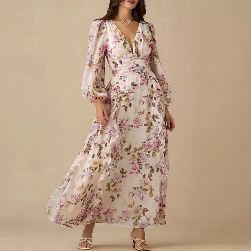 Ruffle Hem Maxi Dress Detail View - Ruffle Design and Floral Print Close-Up