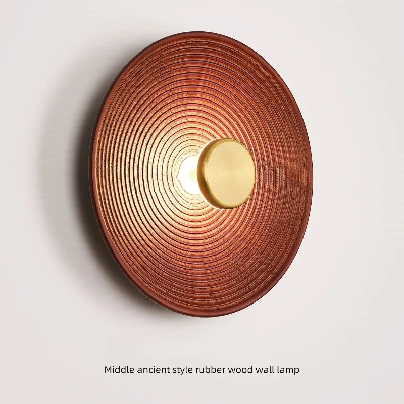 Solid Wood Circular Wall Lamp with Antique Style Bedroom Bedside Hallway Staircase LED Wall Lights Atmosphere Living Dining Room