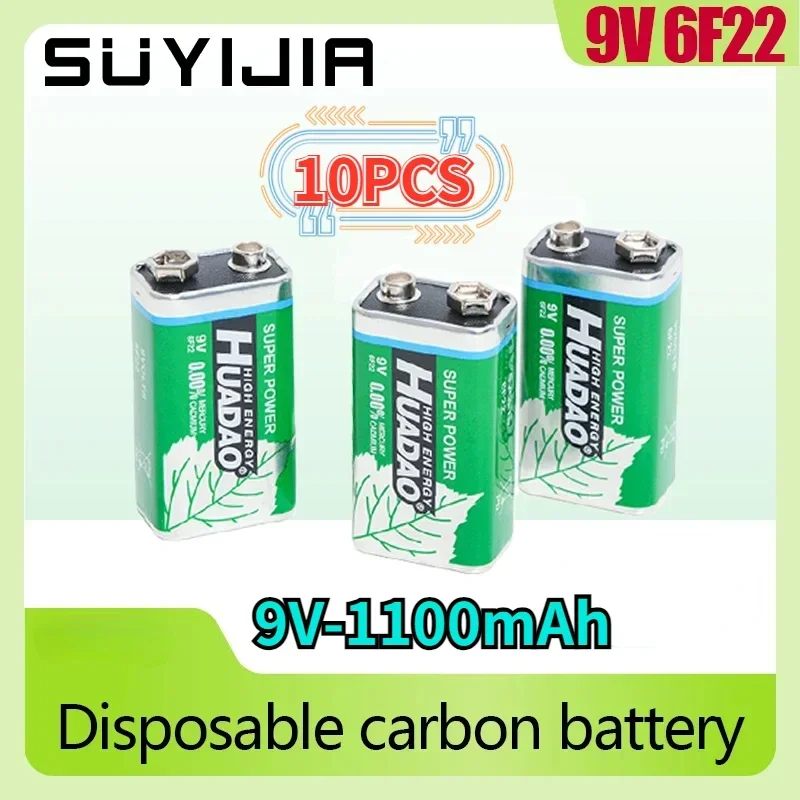 10 PCS 9V Battery 1100mAh Dry Cell 6F22 9 Volt Disposable Carbon Battery for Microphone Multimeter Smoke Alarm Intercom