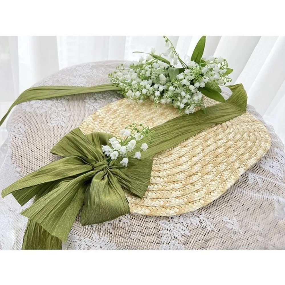 French Rural style Lolita Straw Hat Ruffle Lace Ribbon Bow Girl Sun Hat Handmade With Strap Ribbon Flower Flat Top Hat