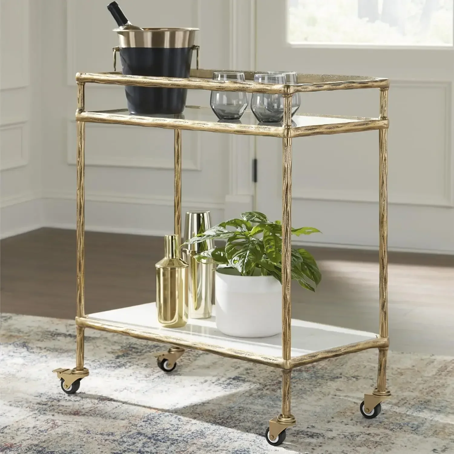 

Plattfield Casual Antiqued 2-Tier Bar Cart with Casters, for Kitchen and Dining Room, Metallic & White