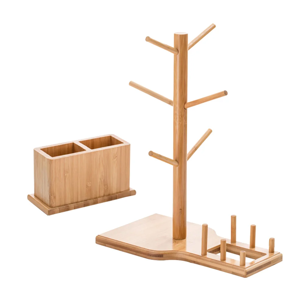 

Bamboo Cup Holder Rack Set Coffee Mug Storage Organizer Stand Spoon Box Home Cafe Kitchen Countertop Use Display Entertaining