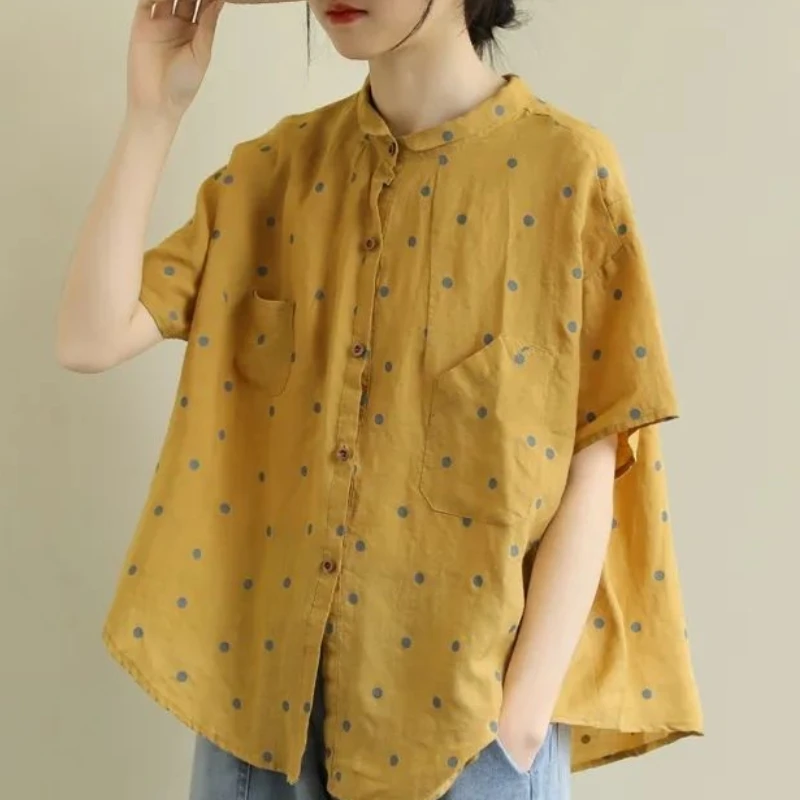 2024 Nieuwe Koreaanse Versie Pendelen Minimalistische Casual Blouses Met Korte Mouwen En Ronde Hals Bedrukte Polka Dot Pocket Dames Shirt Top