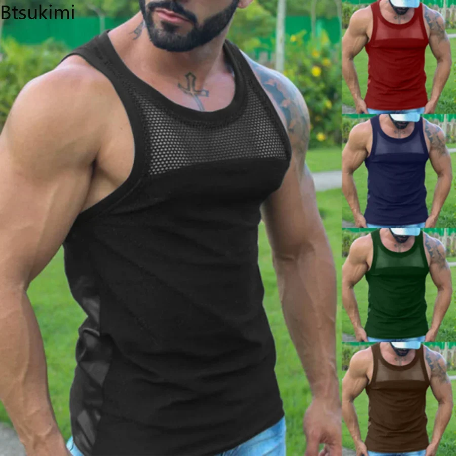 2024 Men\'s Summer Tank Top Lace Hollow Out Sleeveless Shirts Male Summer Clothing Slim Fit Gym Clothes Workout Solid Vest Tops