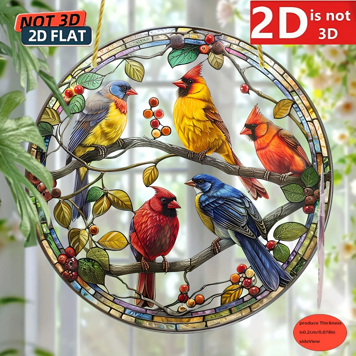 Colgante de Pájaro Colorido de Estilo Bohemio de 8 Pulgadas, Plano en 2D |   Cardenales Vibrantes, Azulejos y Ramas de Bayas - Perfectos para los Amantes de las Aves