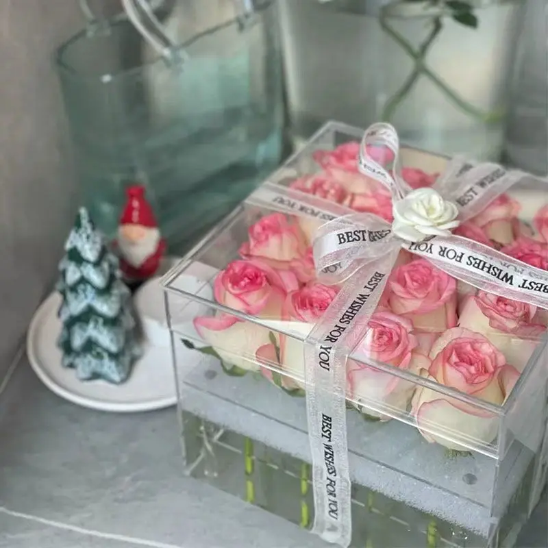 Clear Acrylic Rose Flower Box Makeup Organizer Flower Gift Box Valentine's Day Wedding Decor Gift Case Handmade Gift Box Vase