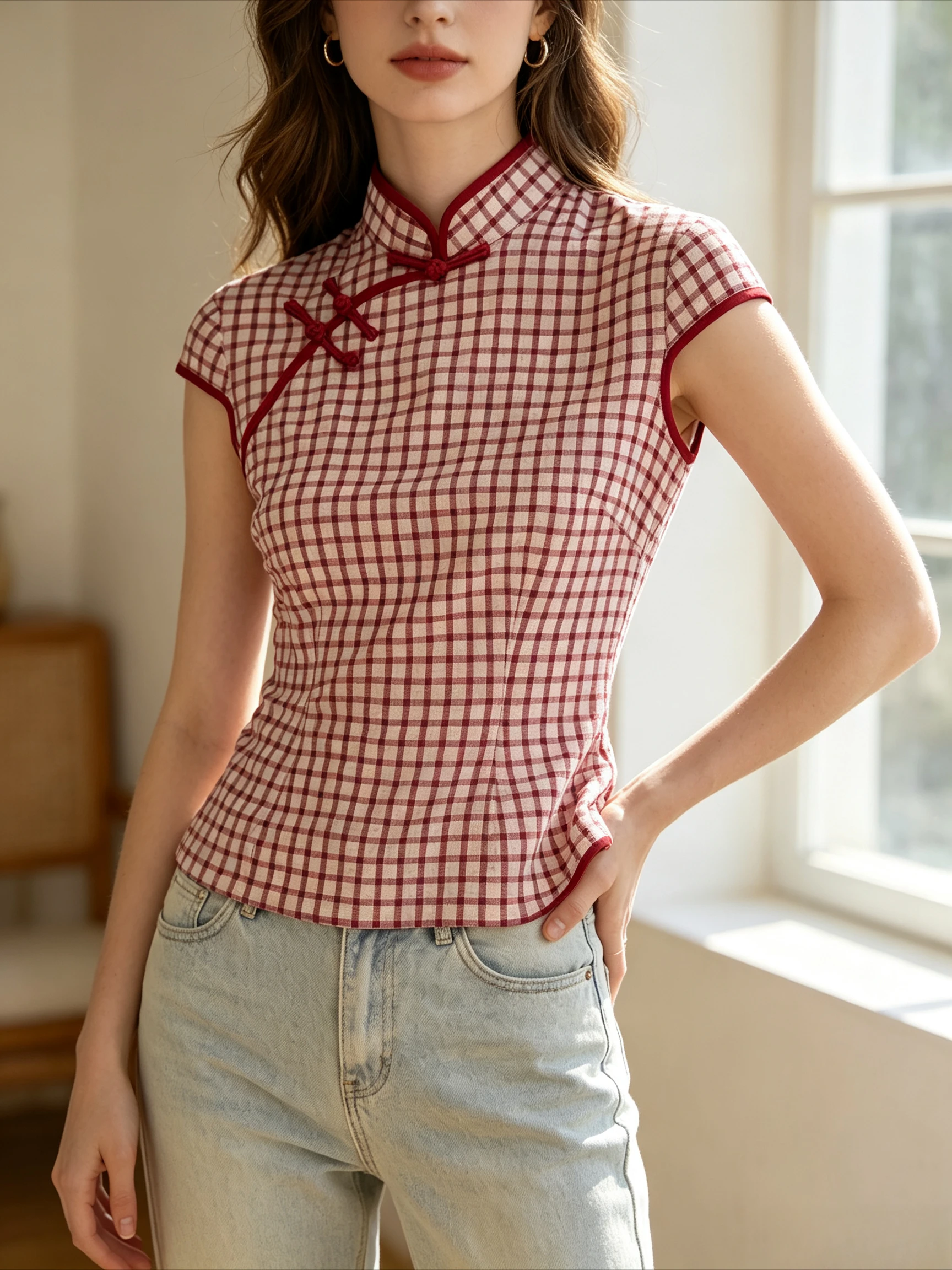 Vintage Red White Plaid Mandarin Collar Cap Sleeve Top Chinese Frog Button Slim Fit Retro Cheongsam Style Summer Casual Blouse
