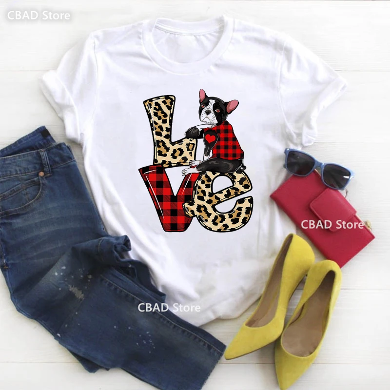 Boston Terrier/Shar Pei Love Leopard Graphic Print T Shirt Girls Harajuku Kawaii Clothes Dog Lover Tshirt Women Fashion T-Shirt