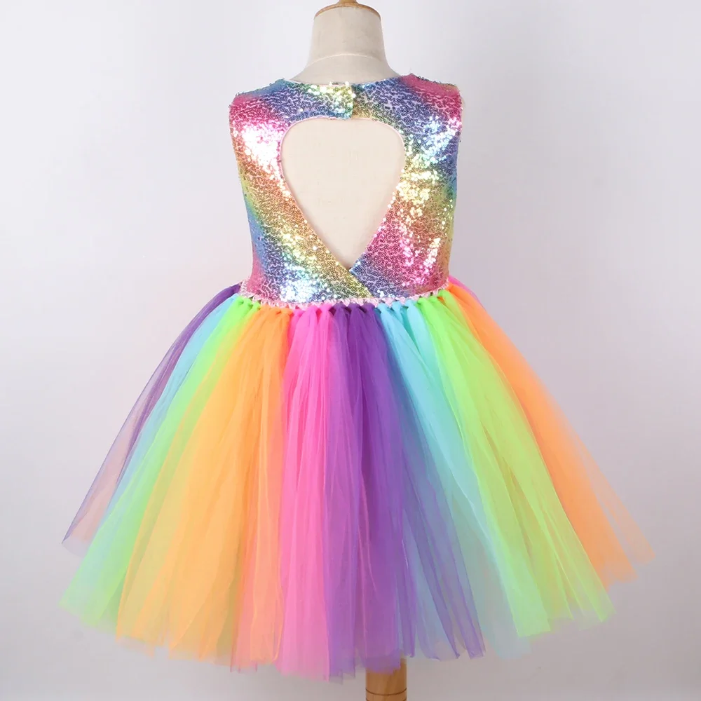 Rainbow Sequins Princess Dress for Girls Sleeveless Backless Party Evening Tutu Dresses Kids Clothes Vestido Children\'s Clothing