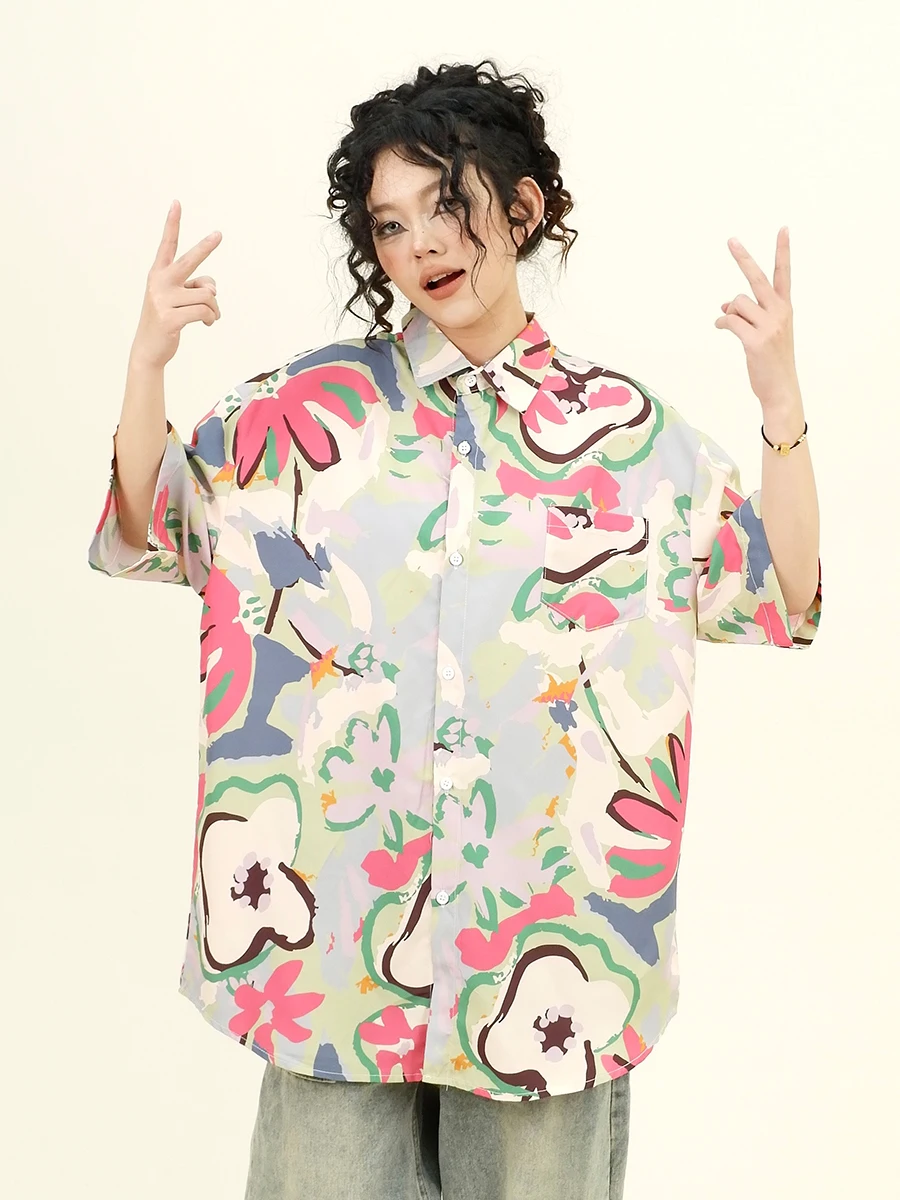 

Oil Painting Full Print Short Sleeved Shirts for Women's 2024 Summer New Loose Bf Japanese Retro Artistic Top Trend