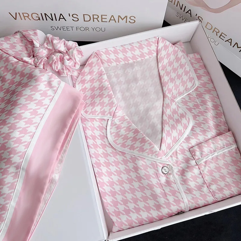 

Pink Plaid Ice Silk Sleepwear For Women Short Sleeve Short Pants Summer Thin Sweet Girl's Pajamas Two-piece Set Home Clothes