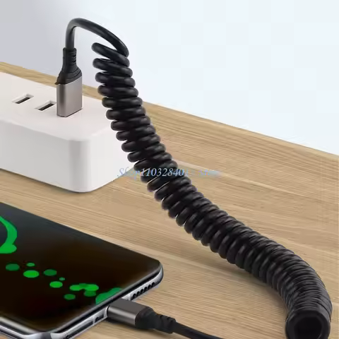 R6FF Double End Type C Wire Line USB Type C Spring Coiled Cable with 6A Fast Charging Supports Data Transfer