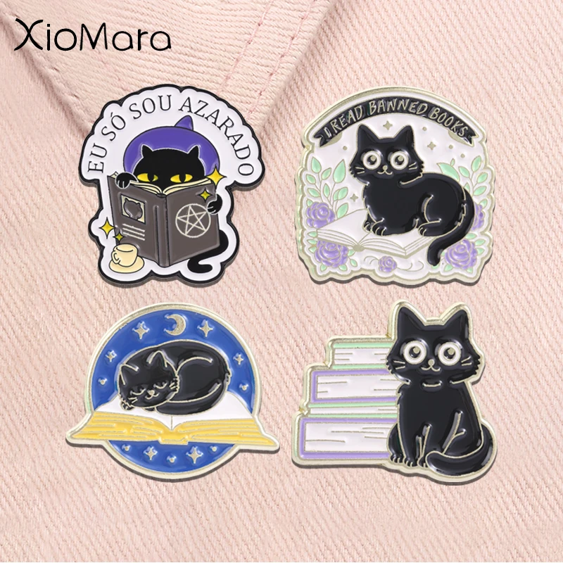 Cute Cat Reading Book Enamel Pins Cartoon Wizard Black Cat Magic Book I Read Banned Books Brooches Jewelry Accessories Gifts