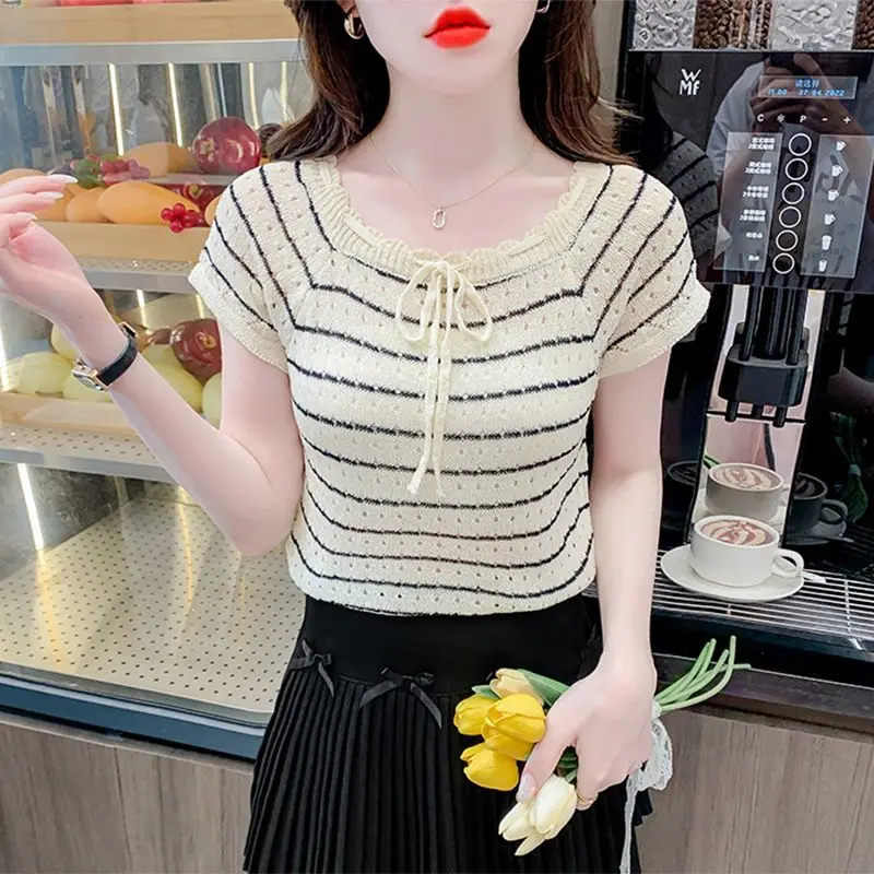

Тонкий полосатый вязаный свитер, вязаный свитер с короткими рукавами для женщин, новая летняя рубашка, модный короткий топ
