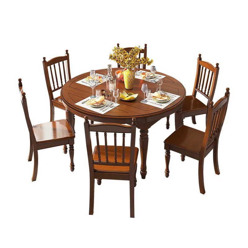 

American simple oak solid wood variable, round table dining table, folding and retractable, large and small household
