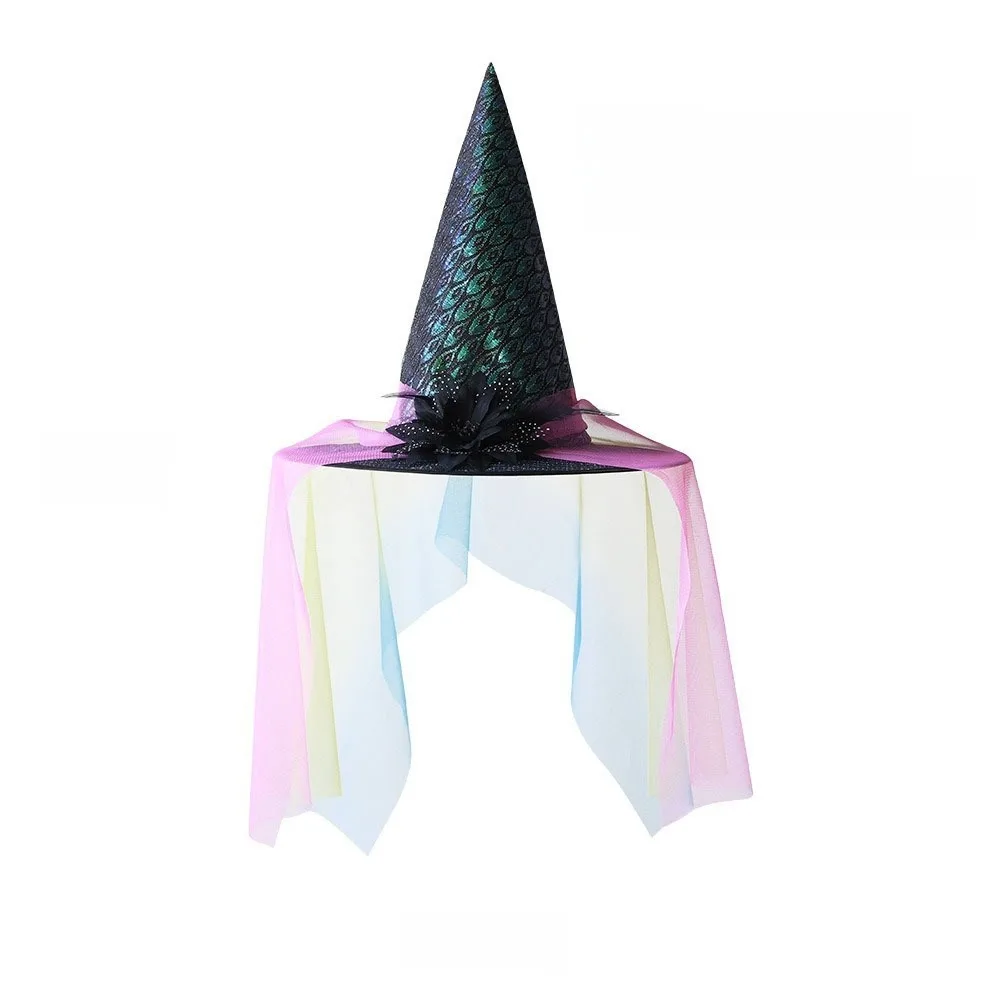 

Lace Veil Halloween Witch Hat Rose Party Props Flower Wizard Cap Foldable Cosplay Accessories Feather Halloween Cap Masquerade